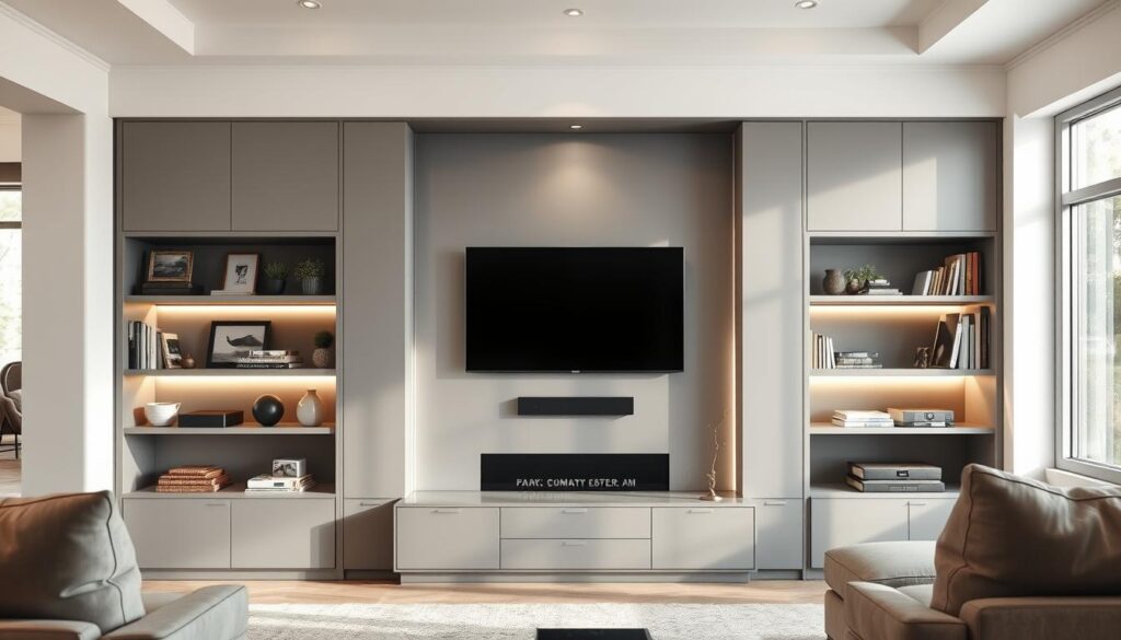 A modern built-in entertainment center featuring a stylish, sleek design with a neutral color scheme of soft greys and warm wood tones. The foreground showcases elegant shelves filled with curated decor, books, and neatly arranged electronic devices. The middle section highlights a large flat-screen television mounted on the wall, framed by sophisticated cabinetry that includes a subtle light accent. The background reveals a cozy living room setting with natural light streaming through large windows, casting soft shadows across the space. The overall atmosphere is inviting and contemporary, blending functionality with aesthetic appeal. Capture this scene with a slight angle to emphasize depth, using a soft focus lens effect to enhance the mood. A modern built-in entertainment center featuring a stylish, sleek design with a neutral color scheme of soft greys and warm wood tones. The foreground showcases elegant shelves filled with curated decor, books, and neatly arranged electronic devices. The middle section highlights a large flat-screen television mounted on the wall, framed by sophisticated cabinetry that includes a subtle light accent. The background reveals a cozy living room setting with natural light streaming through large windows, casting soft shadows across the space. The overall atmosphere is inviting and contemporary, blending functionality with aesthetic appeal. Capture this scene with a slight angle to emphasize depth, using a soft focus lens effect to enhance the mood.