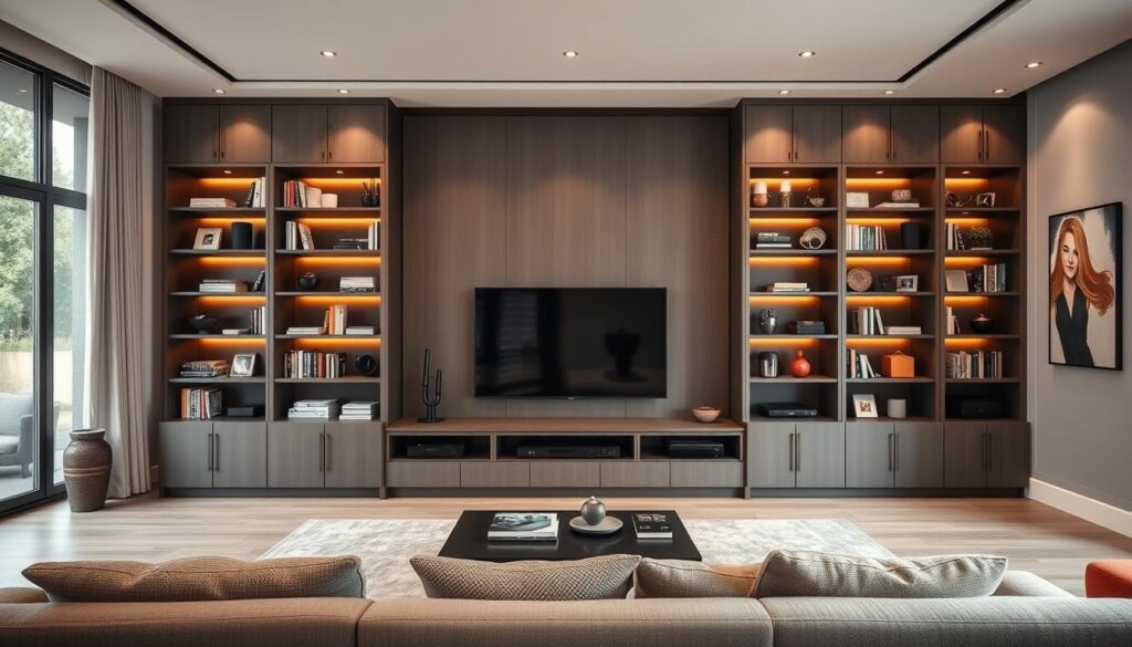 A modern custom entertainment wall design in a spacious living room. In the foreground, a sleek, built-in media unit with a large flat-screen TV, surrounded by elegant shelving filled with books and decorative items. The middle section features a cozy seating area with a plush sofa and decorative cushions, arranged to invite relaxation. The background includes large windows with natural light streaming in, highlighting the contemporary artwork on the walls. The overall color scheme is neutral with pops of vibrant decor. Use warm lighting to create an inviting, sophisticated atmosphere. The angle is slightly elevated, giving a comprehensive view of the wall unit and the entire space. No people are present.