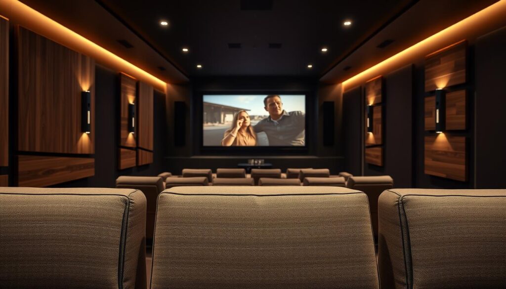 A modern home theater featuring stylish acoustic wall panels. In the foreground, focus on several panels made of wood and fabric in varying textures and colors, showcasing their design and functionality. The middle ground includes plush seating arranged in a cozy configuration, with a large screen displaying a cinematic image. The background features a dimly lit room with warm, ambient lighting, emphasizing the acoustic panels' aesthetic appeal. Use a wide-angle lens to capture the entire space, ensuring depth and perspective. The atmosphere should evoke a sense of comfort and sophistication, ideal for immersive movie experiences while highlighting the importance of sound quality in design. A modern home theater featuring stylish acoustic wall panels. In the foreground, focus on several panels made of wood and fabric in varying textures and colors, showcasing their design and functionality. The middle ground includes plush seating arranged in a cozy configuration, with a large screen displaying a cinematic image. The background features a dimly lit room with warm, ambient lighting, emphasizing the acoustic panels' aesthetic appeal. Use a wide-angle lens to capture the entire space, ensuring depth and perspective. The atmosphere should evoke a sense of comfort and sophistication, ideal for immersive movie experiences while highlighting the importance of sound quality in design.