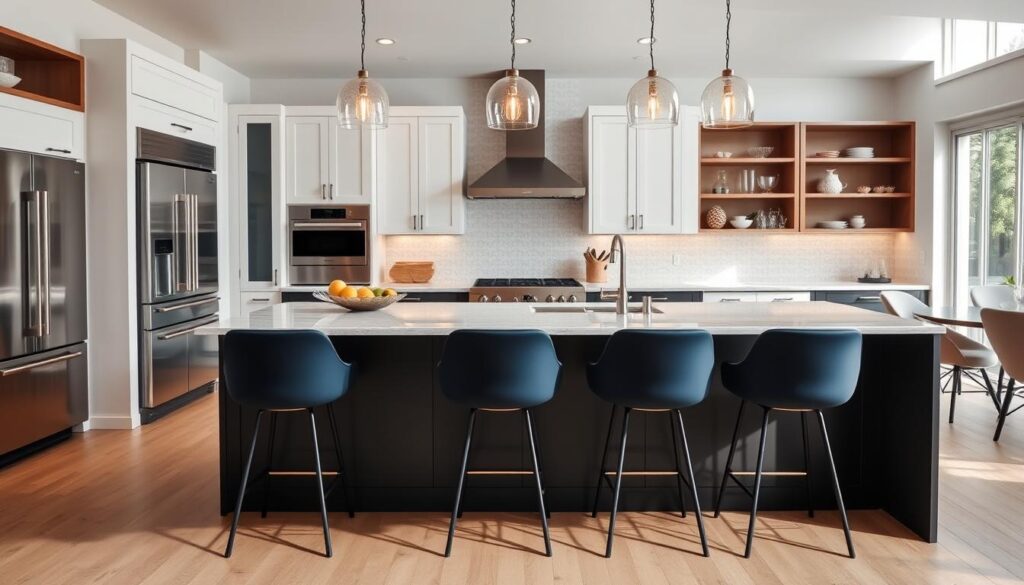 A modern kitchen featuring a sophisticated island that serves multiple functions. In the foreground, focus on a sleek quartz countertop with stylish bar stools in a rich navy blue, inviting for casual gatherings. The middle ground showcases an elegant kitchen layout, with stainless steel appliances, pendant lighting casting a warm glow, and cabinetry with a minimalist design in a soft white finish. The background reveals a spacious, airy kitchen with large windows that let in natural light, creating a bright atmosphere. The scene is captured from a slightly elevated angle to highlight the island’s versatility, exuding a contemporary yet welcoming mood, perfect for family interaction and meal preparation.