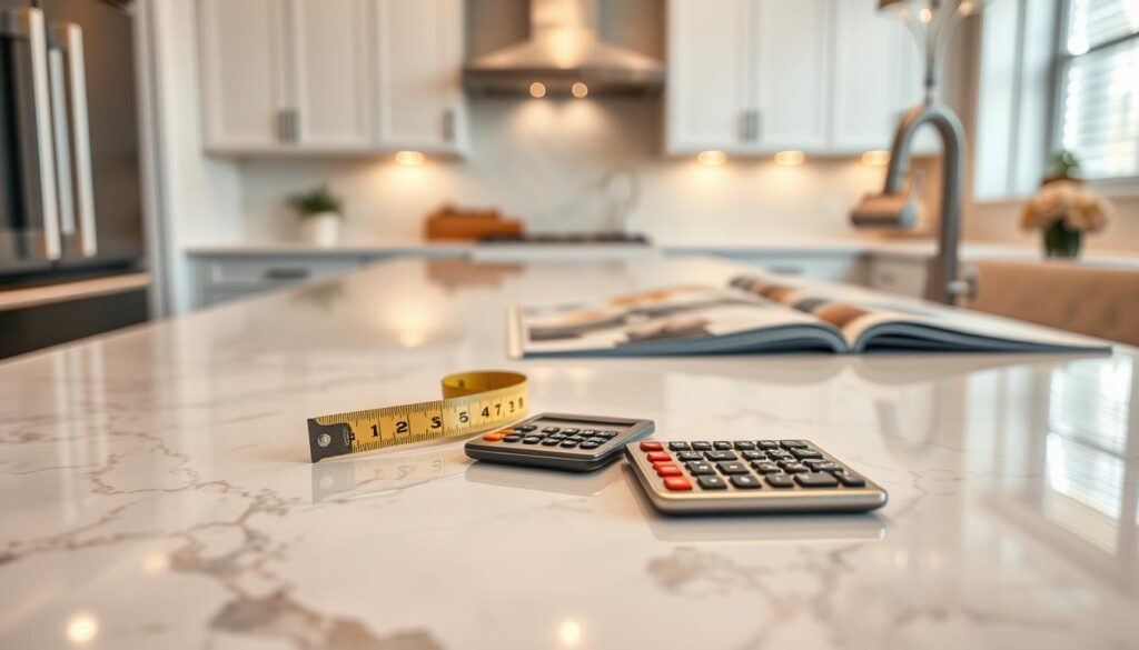 A modern kitchen scene featuring a pristine quartz countertop installation, emphasizing the elegance and sophistication of the materials. In the foreground, showcase a close-up view of the glossy quartz surface, highlighting its intricate patterns and reflective quality. In the middle, depict a measuring tape and a calculator, symbolizing cost considerations, placed on the countertop alongside sample quartz slabs and a stylish kitchen design book. In the background, include soft focus elements like kitchen cabinets and ambient lighting to create a warm, inviting atmosphere. Capture the scene with a slightly elevated angle and warm lighting that evokes a professional yet cozy mood, perfect for homeowners considering their remodeling project. A modern kitchen scene featuring a pristine quartz countertop installation, emphasizing the elegance and sophistication of the materials. In the foreground, showcase a close-up view of the glossy quartz surface, highlighting its intricate patterns and reflective quality. In the middle, depict a measuring tape and a calculator, symbolizing cost considerations, placed on the countertop alongside sample quartz slabs and a stylish kitchen design book. In the background, include soft focus elements like kitchen cabinets and ambient lighting to create a warm, inviting atmosphere. Capture the scene with a slightly elevated angle and warm lighting that evokes a professional yet cozy mood, perfect for homeowners considering their remodeling project.