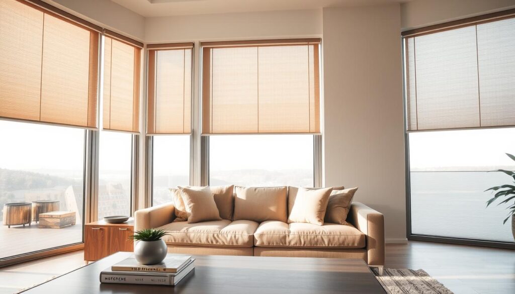 A modern living room featuring a sleek motorized blind system installed on large floor-to-ceiling windows. The blinds are partially open, allowing soft, natural light to filter in, illuminating the space with a warm, inviting glow. In the foreground, a stylish coffee table holds decor items such as a potted plant and a few elegant books. The middle section shows a comfortable sofa with plush cushions in a neutral color scheme, harmonizing with the minimalist decor. In the background, the window’s motorized mechanism is subtly visible, highlighting its advanced technology. The room has a contemporary design with clean lines and a cozy atmosphere, captured with a wide-angle lens to emphasize the spaciousness and light. The overall mood is sophisticated yet relaxed, perfect for showcasing the aesthetic and functional benefits of motorized window blinds.