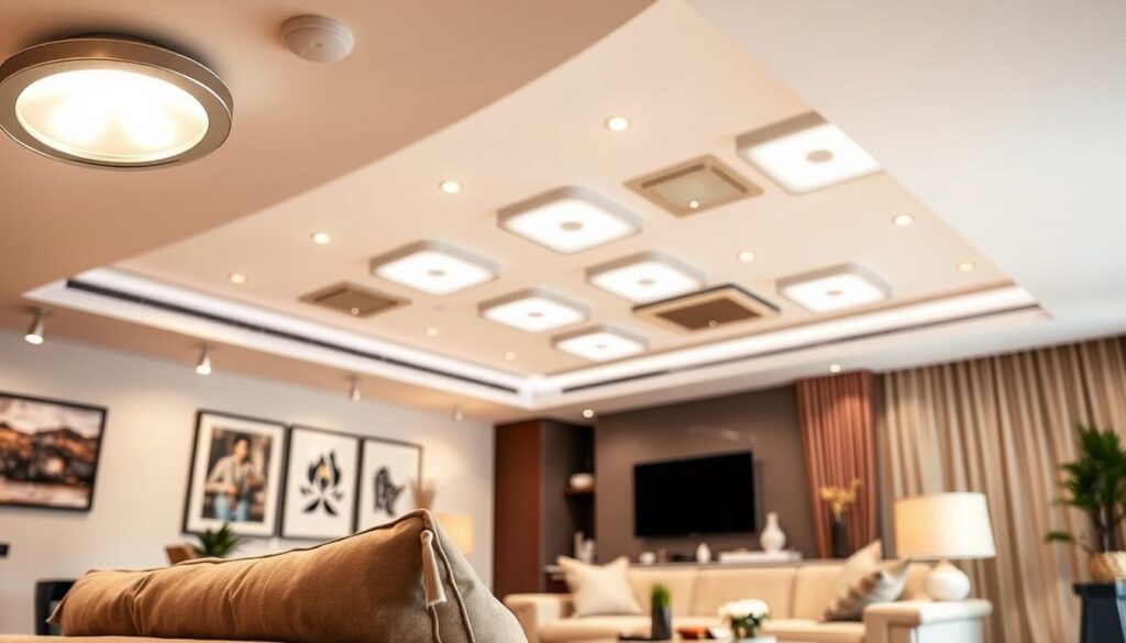 A modern living room featuring affordable LED ceiling lights, showcasing various styles and finishes. In the foreground, a stylish recessed LED light illuminates a cozy seating area with subtle, warm light. The middle layer includes a sleek ceiling with multiple LED fixtures, highlighting their elegant design and energy-efficient glow. The background reveals a well-decorated living space with neutral tones, soft furniture, and tasteful decor, creating an inviting atmosphere. The lighting should be bright yet soft, emphasizing the beauty of the LED lights while maintaining a natural look. Capture the scene from a slight angle to provide depth, with a focus on the interplay of light and shadow that enhances the ambiance of the room. Overall, the image should convey a sense of comfort and modernity. A modern living room featuring affordable LED ceiling lights, showcasing various styles and finishes. In the foreground, a stylish recessed LED light illuminates a cozy seating area with subtle, warm light. The middle layer includes a sleek ceiling with multiple LED fixtures, highlighting their elegant design and energy-efficient glow. The background reveals a well-decorated living space with neutral tones, soft furniture, and tasteful decor, creating an inviting atmosphere. The lighting should be bright yet soft, emphasizing the beauty of the LED lights while maintaining a natural look. Capture the scene from a slight angle to provide depth, with a focus on the interplay of light and shadow that enhances the ambiance of the room. Overall, the image should convey a sense of comfort and modernity.