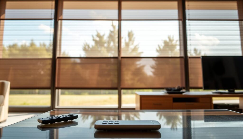 A modern living room featuring automated window coverings with sleek motorized blinds elegantly raised halfway to let in soft, diffused natural light. In the foreground, a stylish remote control lies on a contemporary coffee table made of glass and wood. In the middle, the motorized blinds showcase various textures: a smooth, reflective fabric and a soft, woven material, hinting at the dual-functionality of privacy and light control. The background features a large window with a view of green trees and a clear sky, adding a sense of tranquility to the atmosphere. The lighting is warm and inviting, creating a cozy yet sophisticated mood. The scene is captured from a slightly low angle, emphasizing both the window treatments and the inviting space, without any people present.