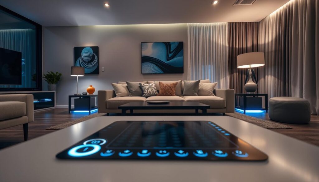 A modern living room featuring smart home decor, seamlessly integrating technology and style. In the foreground, a sleek coffee table with touch-sensitive controls and smart lighting built into the furniture. The middle ground showcases a contemporary sofa adorned with smart cushions that adjust firmness automatically. On the walls, interactive art displays change with voice commands, adding a personal touch. The background reveals large windows with automated curtains that adjust based on sunlight. Soft, ambient lighting from hidden LED strips creates a cozy atmosphere. Shot from a low angle to emphasize the room's space and depth, capturing a harmonious blend of comfort and cutting-edge design, ideal for enhancing personalizing smart home experiences. A modern living room featuring smart home decor, seamlessly integrating technology and style. In the foreground, a sleek coffee table with touch-sensitive controls and smart lighting built into the furniture. The middle ground showcases a contemporary sofa adorned with smart cushions that adjust firmness automatically. On the walls, interactive art displays change with voice commands, adding a personal touch. The background reveals large windows with automated curtains that adjust based on sunlight. Soft, ambient lighting from hidden LED strips creates a cozy atmosphere. Shot from a low angle to emphasize the room's space and depth, capturing a harmonious blend of comfort and cutting-edge design, ideal for enhancing personalizing smart home experiences.