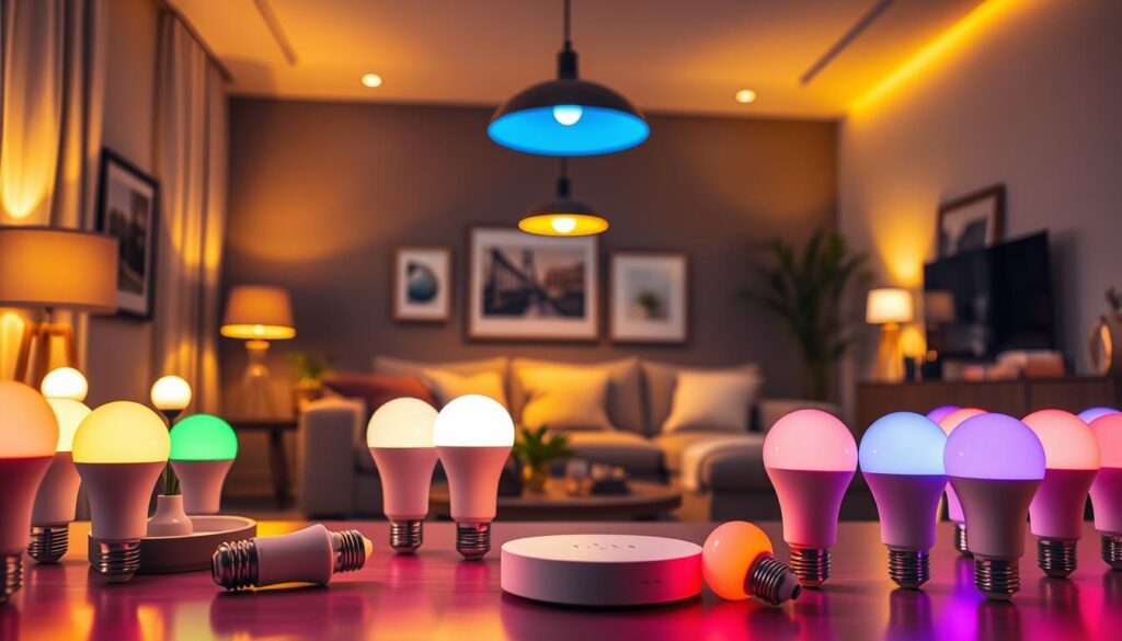 A modern living room filled with an array of smart LED bulbs in various colors, showcasing their vibrant glow. In the foreground, a sleek coffee table adorned with stylish decor and a smart home hub controls the lighting. In the middle ground, a cozy sectional sofa is illuminated by soft ambient light from ceiling-mounted smart bulbs, casting warm hues across the walls. The background features a contemporary decor style with minimalist art pieces, all under a stylish pendant light emitting a cool blue hue. The room has a polished, high-tech feel, emphasizing comfort and innovation. Capture this scene with warm, inviting lighting to evoke a sense of modern comfort, taken from a slight angle to showcase both the lighting features and the living space design.