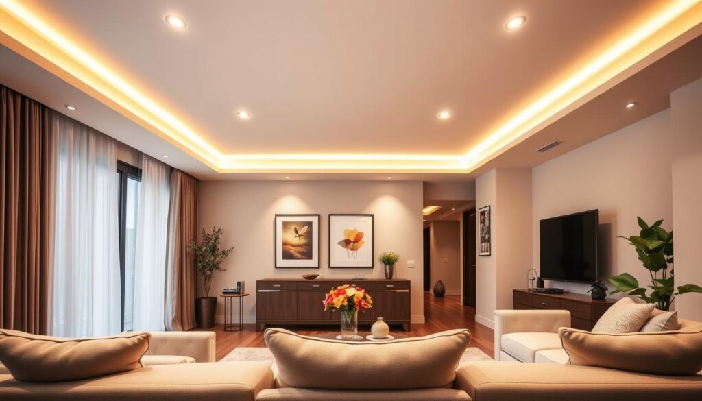 A modern living room showcasing top-rated recessed LED lighting. In the foreground, a sleek sofa in neutral tones complements the warm glow of the recessed lights. The middle ground features a beautifully illuminated ceiling with elegantly installed LED fixtures, casting a soft, inviting light that highlights the room's architecture. The background shows tasteful decor, such as framed art and indoor plants, enhancing the cozy atmosphere. Use a wide-angle lens to capture the spaciousness, with a soft focus on the edges to create an inviting mood. The lighting should be bright yet warm, emphasizing the sophistication and functionality of the recessed LED fixtures in elevating the living space. A modern living room showcasing top-rated recessed LED lighting. In the foreground, a sleek sofa in neutral tones complements the warm glow of the recessed lights. The middle ground features a beautifully illuminated ceiling with elegantly installed LED fixtures, casting a soft, inviting light that highlights the room's architecture. The background shows tasteful decor, such as framed art and indoor plants, enhancing the cozy atmosphere. Use a wide-angle lens to capture the spaciousness, with a soft focus on the edges to create an inviting mood. The lighting should be bright yet warm, emphasizing the sophistication and functionality of the recessed LED fixtures in elevating the living space.