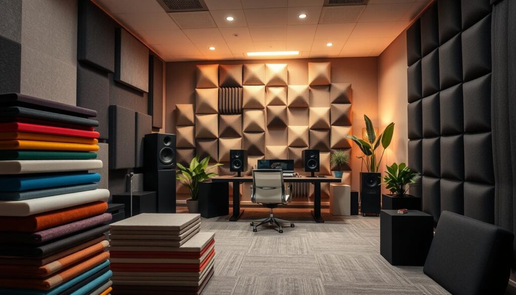 A modern soundproof room designed for optimal acoustics, showcasing various acoustic treatment materials such as sound-absorbing panels and bass traps. In the foreground, neatly arranged stacks of colorful acoustic foam panels invite interest, while a detailed wall featuring an array of fabric-wrapped panels adds texture and depth. The middle ground includes a stylish desk with a professional audio setup, featuring monitors and a mixing console. The background symbolizes tranquility with indoor plants and soft LED lighting casting a warm glow, highlighting the serene atmosphere. The camera angle captures the room from a slightly elevated perspective, creating a spacious feel and emphasizing the effectiveness of the acoustic treatments. The overall mood is focused, inspiring creativity in sound production. A modern soundproof room designed for optimal acoustics, showcasing various acoustic treatment materials such as sound-absorbing panels and bass traps. In the foreground, neatly arranged stacks of colorful acoustic foam panels invite interest, while a detailed wall featuring an array of fabric-wrapped panels adds texture and depth. The middle ground includes a stylish desk with a professional audio setup, featuring monitors and a mixing console. The background symbolizes tranquility with indoor plants and soft LED lighting casting a warm glow, highlighting the serene atmosphere. The camera angle captures the room from a slightly elevated perspective, creating a spacious feel and emphasizing the effectiveness of the acoustic treatments. The overall mood is focused, inspiring creativity in sound production.