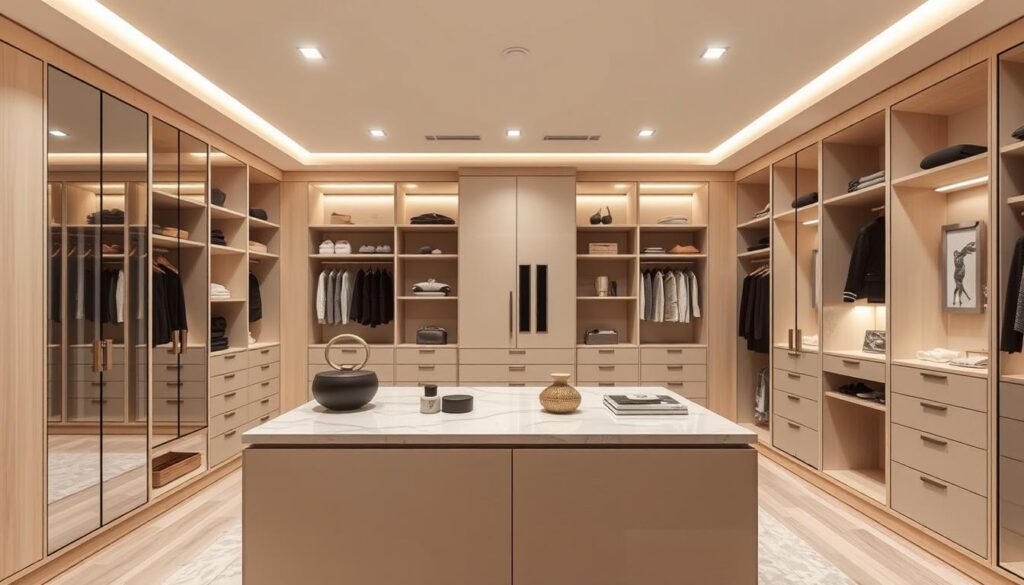 A modern walk-in closet layout showcasing a sleek and stylish design. In the foreground, an elegant island with a marble countertop features neatly arranged accessories and decorative items. The middle ground highlights floor-to-ceiling storage solutions in a soft color palette, with light woods and muted pastels creating a fresh, inviting atmosphere. Behind, large mirrors reflect the organized space, enhancing the sense of openness. The lighting is soft and warm, with recessed ceiling lights casting a glow that accentuates the textures and colors. The overall mood is sophisticated and organized, perfect for a luxurious and functional dressing area, inviting viewers to envision their ideal closet space. A modern walk-in closet layout showcasing a sleek and stylish design. In the foreground, an elegant island with a marble countertop features neatly arranged accessories and decorative items. The middle ground highlights floor-to-ceiling storage solutions in a soft color palette, with light woods and muted pastels creating a fresh, inviting atmosphere. Behind, large mirrors reflect the organized space, enhancing the sense of openness. The lighting is soft and warm, with recessed ceiling lights casting a glow that accentuates the textures and colors. The overall mood is sophisticated and organized, perfect for a luxurious and functional dressing area, inviting viewers to envision their ideal closet space.