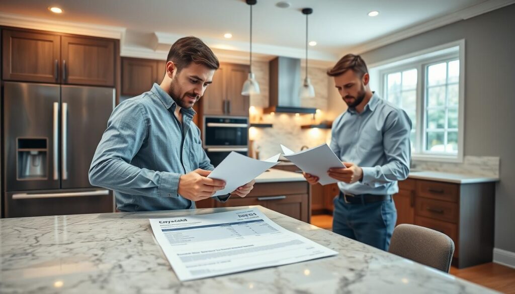 A newly remodeled kitchen, showcasing a blend of modern and traditional design elements. In the foreground, a professional contractor, dressed in a neat work shirt and pants, examines a detailed invoice of labor costs spread out on a stylish kitchen island. The middle ground features a stunning kitchen with sleek cabinets, a contemporary backsplash, and high-end appliances gleaming under bright, warm LED lights. In the background, a window allows natural light to flood the room, enhancing the inviting atmosphere. The image is shot from a slightly elevated angle, capturing the dynamic interaction between the contractor and the elegant space. The overall mood inspires professionalism and creativity, reflecting the theme of kitchen remodeling costs, particularly focusing on labor expenses. A newly remodeled kitchen, showcasing a blend of modern and traditional design elements. In the foreground, a professional contractor, dressed in a neat work shirt and pants, examines a detailed invoice of labor costs spread out on a stylish kitchen island. The middle ground features a stunning kitchen with sleek cabinets, a contemporary backsplash, and high-end appliances gleaming under bright, warm LED lights. In the background, a window allows natural light to flood the room, enhancing the inviting atmosphere. The image is shot from a slightly elevated angle, capturing the dynamic interaction between the contractor and the elegant space. The overall mood inspires professionalism and creativity, reflecting the theme of kitchen remodeling costs, particularly focusing on labor expenses.