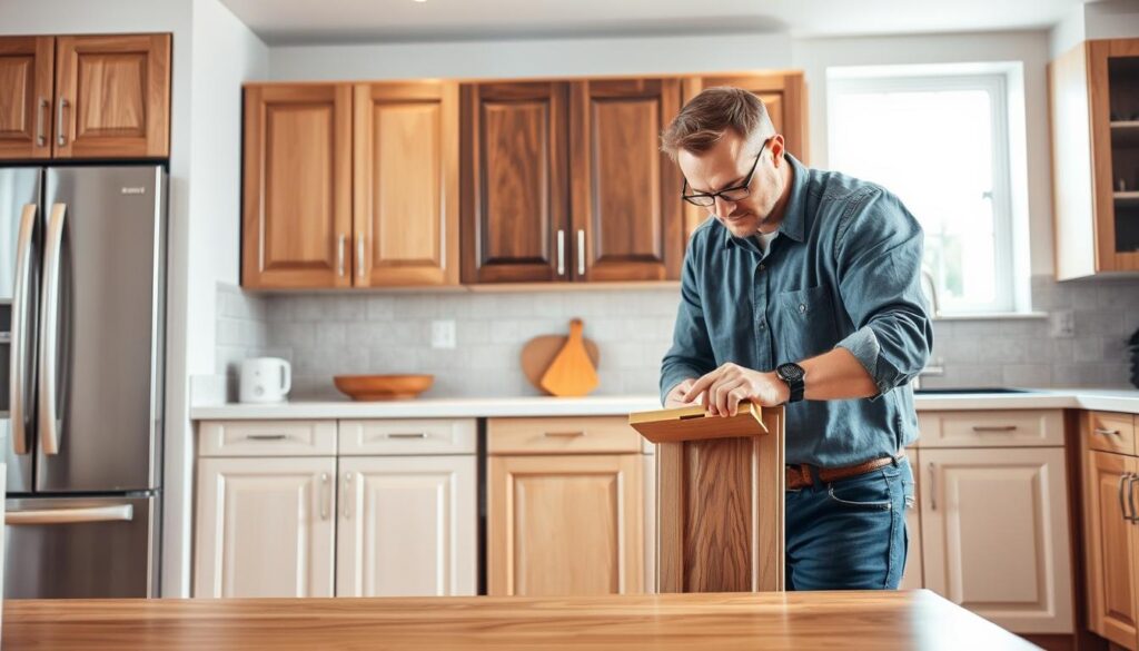 A professional kitchen setting showcasing cabinet refacing. In the foreground, an expert craftsman in smart casual attire is carefully sanding a cabinet door, with focused concentration on his task. The middle layer features several beautifully refaced cabinet doors, showcasing various finishes like light oak, dark walnut, and matte white. In the background, a modern kitchen with stainless steel appliances and bright, inviting lighting creates an airy, warm atmosphere. The angle is slightly elevated, emphasizing the transformation of the cabinets while maintaining a clear view of the craftsmanship involved. Soft natural light filters through a nearby window, enhancing the appeal of the space and highlighting the quality of the materials used. Overall, the image conveys professionalism, skill, and the beauty of a well-refaced kitchen. A professional kitchen setting showcasing cabinet refacing. In the foreground, an expert craftsman in smart casual attire is carefully sanding a cabinet door, with focused concentration on his task. The middle layer features several beautifully refaced cabinet doors, showcasing various finishes like light oak, dark walnut, and matte white. In the background, a modern kitchen with stainless steel appliances and bright, inviting lighting creates an airy, warm atmosphere. The angle is slightly elevated, emphasizing the transformation of the cabinets while maintaining a clear view of the craftsmanship involved. Soft natural light filters through a nearby window, enhancing the appeal of the space and highlighting the quality of the materials used. Overall, the image conveys professionalism, skill, and the beauty of a well-refaced kitchen.