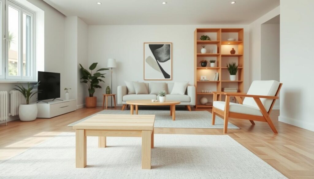 A serene minimalist interior showcasing Scandinavian aesthetics. In the foreground, a light-colored wooden coffee table sits on a soft, neutral area rug. Elegant, simple furniture pieces, such as a sleek sofa with light cushions and a wooden accent chair, form the middle ground. Placed against a crisp white wall, a modern, abstract artwork adds a touch of creativity. In the background, a large window lets in natural light, illuminating indoor plants and wooden shelving with neatly arranged decor items. Use soft, warm lighting to create an inviting atmosphere, and a wide-angle lens to capture the open, airy feel of the space. The overall mood conveys simplicity and tranquility, reflecting a budget-friendly Scandinavian home decor style. A serene minimalist interior showcasing Scandinavian aesthetics. In the foreground, a light-colored wooden coffee table sits on a soft, neutral area rug. Elegant, simple furniture pieces, such as a sleek sofa with light cushions and a wooden accent chair, form the middle ground. Placed against a crisp white wall, a modern, abstract artwork adds a touch of creativity. In the background, a large window lets in natural light, illuminating indoor plants and wooden shelving with neatly arranged decor items. Use soft, warm lighting to create an inviting atmosphere, and a wide-angle lens to capture the open, airy feel of the space. The overall mood conveys simplicity and tranquility, reflecting a budget-friendly Scandinavian home decor style.
