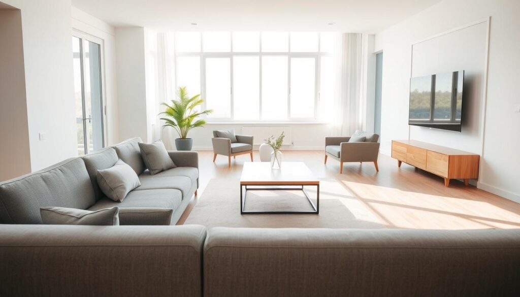A serene minimalist living space featuring sleek furniture design. In the foreground, a modern low-profile sofa in a muted gray fabric, adorned with a few simple, muted throw pillows. In the middle, a low wooden coffee table with clean lines, placed on a light-colored area rug, surrounded by a couple of stylish armchairs. The background reveals large windows allowing soft, natural light to flood the room, accentuating the light wooden floors and white walls. A single potted plant adds a touch of greenery, maintaining the minimalist aesthetic. The scene is captured with a wide-angle lens to enhance depth, reflecting a peaceful and uncluttered atmosphere, ideal for a contemporary minimalist interior. A serene minimalist living space featuring sleek furniture design. In the foreground, a modern low-profile sofa in a muted gray fabric, adorned with a few simple, muted throw pillows. In the middle, a low wooden coffee table with clean lines, placed on a light-colored area rug, surrounded by a couple of stylish armchairs. The background reveals large windows allowing soft, natural light to flood the room, accentuating the light wooden floors and white walls. A single potted plant adds a touch of greenery, maintaining the minimalist aesthetic. The scene is captured with a wide-angle lens to enhance depth, reflecting a peaceful and uncluttered atmosphere, ideal for a contemporary minimalist interior.