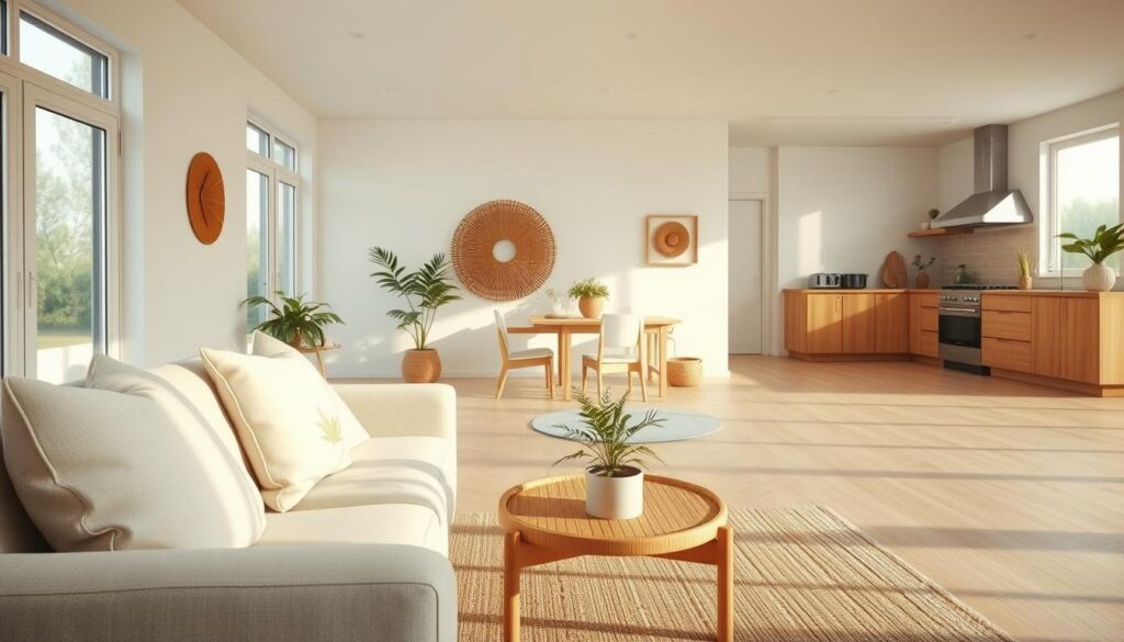 A serene, sustainable minimalist interior showcasing an eco-friendly living space. In the foreground, a low-profile, neutral-toned sofa adorned with organic cotton cushions, complemented by a bamboo coffee table with a single potted plant. The middle ground features a spacious room filled with large windows allowing soft, natural light to illuminate the area. On the walls, art made from recycled materials adds a touch of creativity. The background reveals a simple kitchen with wooden cabinetry and energy-efficient appliances, all in a clean, uncluttered design. The atmosphere is calm and inviting, promoting a sense of tranquility and connection to nature, ideal for a sustainable lifestyle. The scene is captured with a warm, soft focus, emphasizing the welcoming nature of minimalist design. A serene, sustainable minimalist interior showcasing an eco-friendly living space. In the foreground, a low-profile, neutral-toned sofa adorned with organic cotton cushions, complemented by a bamboo coffee table with a single potted plant. The middle ground features a spacious room filled with large windows allowing soft, natural light to illuminate the area. On the walls, art made from recycled materials adds a touch of creativity. The background reveals a simple kitchen with wooden cabinetry and energy-efficient appliances, all in a clean, uncluttered design. The atmosphere is calm and inviting, promoting a sense of tranquility and connection to nature, ideal for a sustainable lifestyle. The scene is captured with a warm, soft focus, emphasizing the welcoming nature of minimalist design.