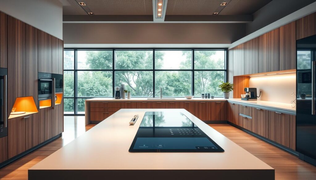 A sleek, futuristic kitchen design showcasing smart technology integration. In the foreground, a stylish island with a minimalist countertop, equipped with an embedded touch screen and smart appliances. The middle ground features geometric cabinetry with ambient LED lighting, seamlessly blending wood and metal materials. High-tech cooking appliances are displayed on the counters, while a coffee maker automatically brews a fresh cup. The background illustrates large windows that flood the space with natural light, offering a view of a lush garden or urban skyline. The atmosphere is modern and innovative, evoking a sense of comfort and efficiency with warm, inviting lighting. The scene is captured with a wide-angle lens to emphasize openness and spatial dynamics. A sleek, futuristic kitchen design showcasing smart technology integration. In the foreground, a stylish island with a minimalist countertop, equipped with an embedded touch screen and smart appliances. The middle ground features geometric cabinetry with ambient LED lighting, seamlessly blending wood and metal materials. High-tech cooking appliances are displayed on the counters, while a coffee maker automatically brews a fresh cup. The background illustrates large windows that flood the space with natural light, offering a view of a lush garden or urban skyline. The atmosphere is modern and innovative, evoking a sense of comfort and efficiency with warm, inviting lighting. The scene is captured with a wide-angle lens to emphasize openness and spatial dynamics.