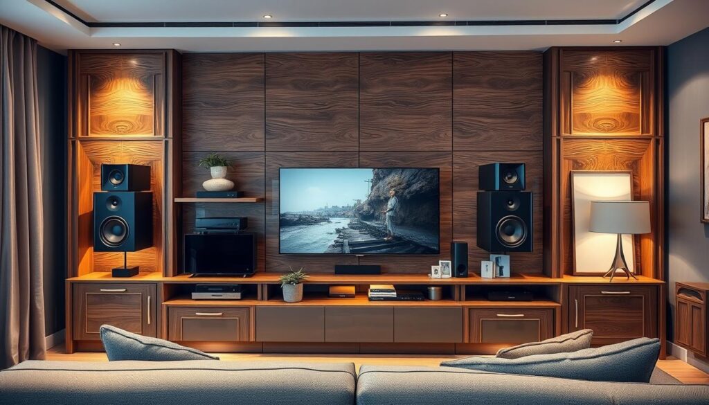 A sleek, modern bespoke media wall designed for a stylish living room. In the foreground, intricate wooden panels display an array of electronic devices, including a large flat-screen TV and elegant speakers, all arranged tastefully. The middle ground features a comfortable sofa in muted tones, complemented by chic decor items like potted plants and art pieces, creating an inviting atmosphere. In the background, soft, warm lighting illuminates the space, enhancing the textures of the media wall and creating a cozy ambiance. The scene is captured from a slightly elevated angle, showcasing the arrangement in a harmonious layout, reflecting a professional and budget-conscious design aesthetic. The overall mood is sophisticated yet approachable, ideal for inspiring homeowners planning their custom media wall.