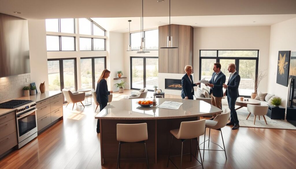 A sleek, modern home interior showcasing the latest renovation trends, featuring an open-concept living space with a blend of minimalist design and warm, inviting colors. In the foreground, a stylish kitchen with high-end appliances and a spacious island, adorned with chic bar stools. The middle ground displays a cozy living area with contemporary furniture, a statement fireplace, and elegant accents. In the background, large windows allow natural light to flood the space, revealing a picturesque view of a landscaped garden. Soft, diffused lighting creates a welcoming atmosphere, while a slight lens perspective emphasizes the spaciousness of the area. The scene captures a team of professional contractors in smart casual attire collaborating on a design blueprint, showcasing a commitment to quality craftsmanship and modern styling.