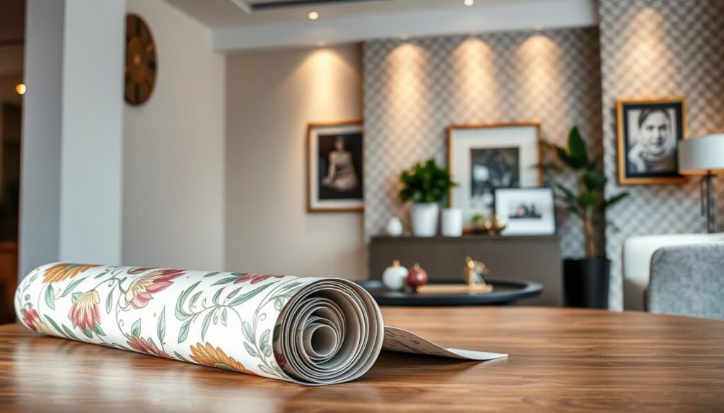 A sophisticated interior scene showcasing a selection of decorative wall coverings in various styles and textures. In the foreground, a rolled-up designer wallpaper with intricate floral patterns and rich colors lies on a stylish wooden table, inviting viewers to explore its details. The middle ground features a wall partially covered with a chic geometric wallpaper, complemented by subtle lighting that casts soft shadows, emphasizing the texture and colors. In the background, elegant decor elements like potted plants and framed artwork enhance the atmosphere of refined taste and comfort. The lighting is warm and inviting, creating a cozy yet upscale feeling in a well-appointed room, shot at a flattering angle that highlights the elegance of the wallpaper. A sophisticated interior scene showcasing a selection of decorative wall coverings in various styles and textures. In the foreground, a rolled-up designer wallpaper with intricate floral patterns and rich colors lies on a stylish wooden table, inviting viewers to explore its details. The middle ground features a wall partially covered with a chic geometric wallpaper, complemented by subtle lighting that casts soft shadows, emphasizing the texture and colors. In the background, elegant decor elements like potted plants and framed artwork enhance the atmosphere of refined taste and comfort. The lighting is warm and inviting, creating a cozy yet upscale feeling in a well-appointed room, shot at a flattering angle that highlights the elegance of the wallpaper.