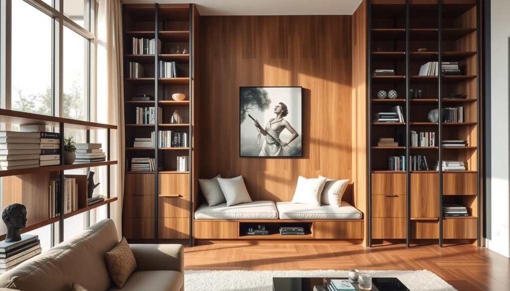 A sophisticated living room showcasing a custom built-in shelving unit, featuring modern, minimalist design elements. In the foreground, display neatly organized books and decorative items on the shelves, emphasizing stylish storage solutions. The middle section includes a cozy seating arrangement with elegant cushions, highlighting the integrated storage below the seating. In the background, soft natural light streams through large windows, creating a warm and inviting atmosphere. Use a wide-angle lens perspective to capture the depth of the room, with a focus on the textures of wood and metal finishes in the shelving. Aim for a tranquil and harmonious mood, reflecting a well-maintained and aesthetically pleasing space. A sophisticated living room showcasing a custom built-in shelving unit, featuring modern, minimalist design elements. In the foreground, display neatly organized books and decorative items on the shelves, emphasizing stylish storage solutions. The middle section includes a cozy seating arrangement with elegant cushions, highlighting the integrated storage below the seating. In the background, soft natural light streams through large windows, creating a warm and inviting atmosphere. Use a wide-angle lens perspective to capture the depth of the room, with a focus on the textures of wood and metal finishes in the shelving. Aim for a tranquil and harmonious mood, reflecting a well-maintained and aesthetically pleasing space.