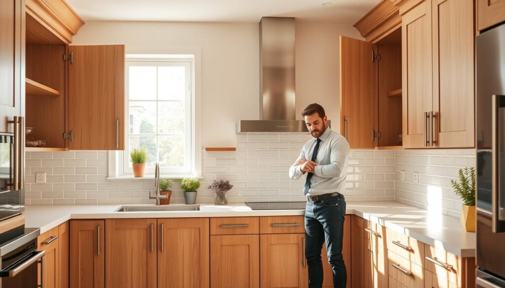 A stunning kitchen transformation featuring expertly refaced cabinets that showcase modern elegance. In the foreground, beautiful light oak cabinets with sleek, contemporary handles are open to reveal organized interior spaces. The middle ground highlights a brilliantly tiled backsplash in soft pastel colors and a stylish countertop adorned with fresh herbs in decorative pots. The background showcases an airy window allowing natural sunlight to flood the room, creating a warm, inviting atmosphere. The lighting is bright and cheerful, emphasizing the details of the craftsmanship. A professional contractor wearing business attire is in the process of inspecting the cabinets, conveying expertise and care. The overall mood is one of sophisticated style and successful renovation, perfect for illustrating a case study in kitchen transformation. A stunning kitchen transformation featuring expertly refaced cabinets that showcase modern elegance. In the foreground, beautiful light oak cabinets with sleek, contemporary handles are open to reveal organized interior spaces. The middle ground highlights a brilliantly tiled backsplash in soft pastel colors and a stylish countertop adorned with fresh herbs in decorative pots. The background showcases an airy window allowing natural sunlight to flood the room, creating a warm, inviting atmosphere. The lighting is bright and cheerful, emphasizing the details of the craftsmanship. A professional contractor wearing business attire is in the process of inspecting the cabinets, conveying expertise and care. The overall mood is one of sophisticated style and successful renovation, perfect for illustrating a case study in kitchen transformation.