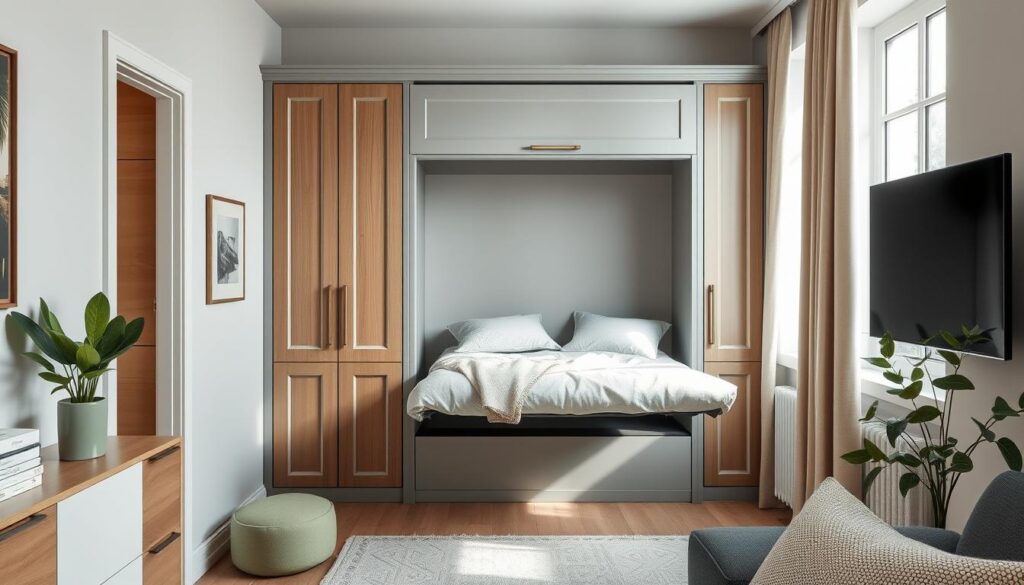 A stylish Murphy bed design integrated into a serene small space, featuring a chic vertical wall unit showcasing a soft gray frame with elegant wood accents. The bed is elegantly folded up, revealing a minimalist study area below. Colorful, muted tones decorate the room, with pops of sage green and light beige complementing the overall aesthetic. Soft, natural light filters through a nearby window, creating a warm, inviting atmosphere. The camera angle is a slight overhead view, emphasizing the smart use of vertical space while maintaining a sense of openness. The scene exudes a modern yet cozy vibe, perfect for showcasing innovative color schemes for Murphy beds in compact living spaces. A stylish Murphy bed design integrated into a serene small space, featuring a chic vertical wall unit showcasing a soft gray frame with elegant wood accents. The bed is elegantly folded up, revealing a minimalist study area below. Colorful, muted tones decorate the room, with pops of sage green and light beige complementing the overall aesthetic. Soft, natural light filters through a nearby window, creating a warm, inviting atmosphere. The camera angle is a slight overhead view, emphasizing the smart use of vertical space while maintaining a sense of openness. The scene exudes a modern yet cozy vibe, perfect for showcasing innovative color schemes for Murphy beds in compact living spaces.