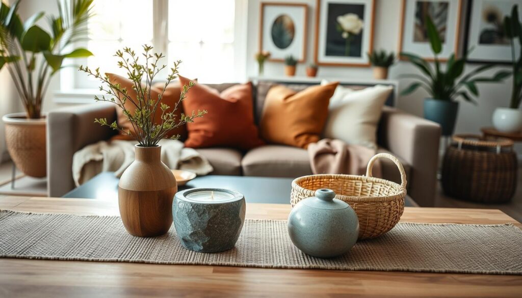 A stylish arrangement of chic home accessories, prominently featuring natural elements like a wooden vase with fresh greenery, a sleek stone candle holder, and a woven wicker basket. In the foreground, the wooden table displays a textured table runner. The middle layer shows a cozy sofa adorned with throw pillows in earthy tones, and a soft blanket draped casually. In the background, a large window bathes the scene in warm, natural light, illuminating potted plants and elegant wall art. Use a shallow depth of field to create a soft blur on the background, enhancing the focus on the accessories. The overall mood is calm and inviting, reflecting contemporary elegance with a touch of nature.