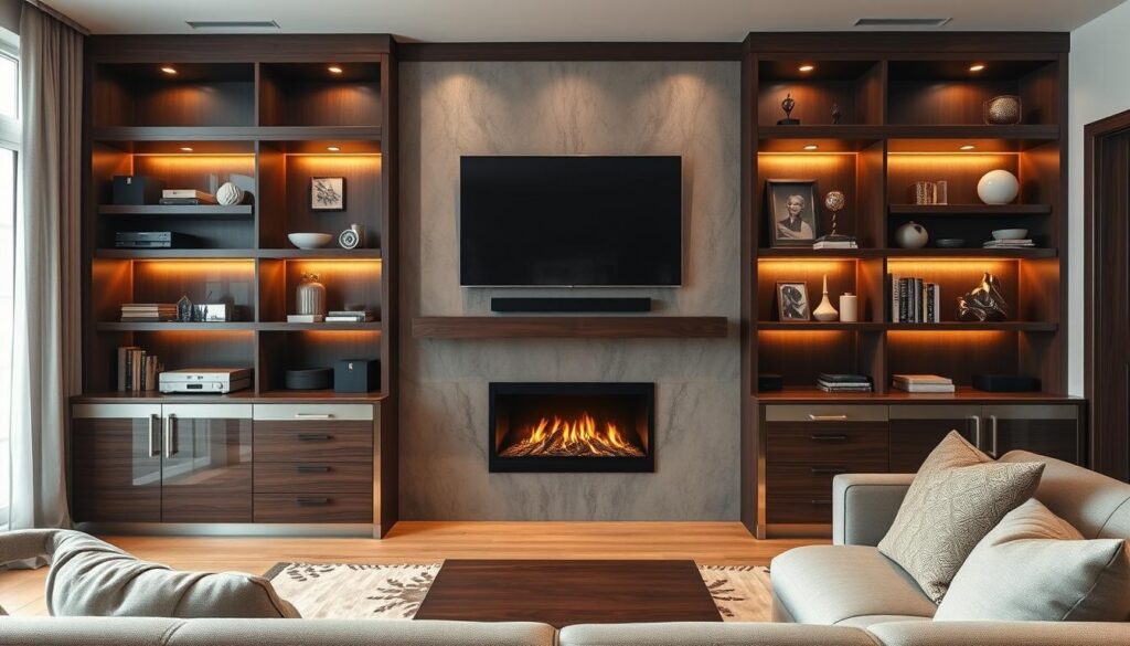 A stylish built-in entertainment center designed for a modern living room, showcasing an elegant blend of materials like dark wood, glass, and brushed metal. In the foreground, sleek shelves hold various decor items and audio-visual components, while a large flat-screen TV is mounted above a fireplace. The middle layer features rich textures such as soft cushions on a contemporary sofa and a decorative area rug. The background is softly illuminated with warm lighting that creates a cozy ambiance, highlighting the beautiful craftsmanship of the cabinets and shelves. The view is a slightly angled perspective, capturing the entire setting in a high-resolution format, incorporating natural light from a nearby window to enhance the inviting atmosphere. A stylish built-in entertainment center designed for a modern living room, showcasing an elegant blend of materials like dark wood, glass, and brushed metal. In the foreground, sleek shelves hold various decor items and audio-visual components, while a large flat-screen TV is mounted above a fireplace. The middle layer features rich textures such as soft cushions on a contemporary sofa and a decorative area rug. The background is softly illuminated with warm lighting that creates a cozy ambiance, highlighting the beautiful craftsmanship of the cabinets and shelves. The view is a slightly angled perspective, capturing the entire setting in a high-resolution format, incorporating natural light from a nearby window to enhance the inviting atmosphere.