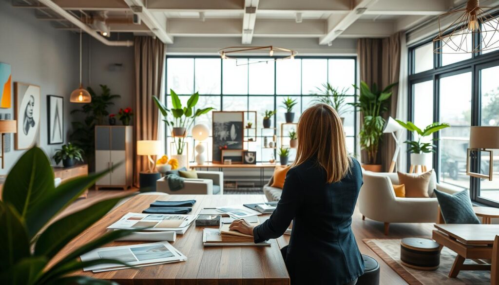 A stylish interior design studio featuring a collaborative workspace. In the foreground, a professional interior designer, wearing smart business attire, discusses designs with a client at a modern wooden table adorned with fabric swatches and color samples. The middle ground showcases a beautifully arranged display of various design styles, including contemporary furniture pieces, elegant lighting fixtures, and wall art. In the background, large windows let in natural light, illuminating vibrant plants and showcasing an inviting outdoor view. The atmosphere is warm and creative, emphasizing collaboration and inspiration, with a soft-focus lens effect to create a welcoming vibe. The color palette is harmonious, featuring earthy tones complemented by pops of color, reflecting a modern design aesthetic. A stylish interior design studio featuring a collaborative workspace. In the foreground, a professional interior designer, wearing smart business attire, discusses designs with a client at a modern wooden table adorned with fabric swatches and color samples. The middle ground showcases a beautifully arranged display of various design styles, including contemporary furniture pieces, elegant lighting fixtures, and wall art. In the background, large windows let in natural light, illuminating vibrant plants and showcasing an inviting outdoor view. The atmosphere is warm and creative, emphasizing collaboration and inspiration, with a soft-focus lens effect to create a welcoming vibe. The color palette is harmonious, featuring earthy tones complemented by pops of color, reflecting a modern design aesthetic.