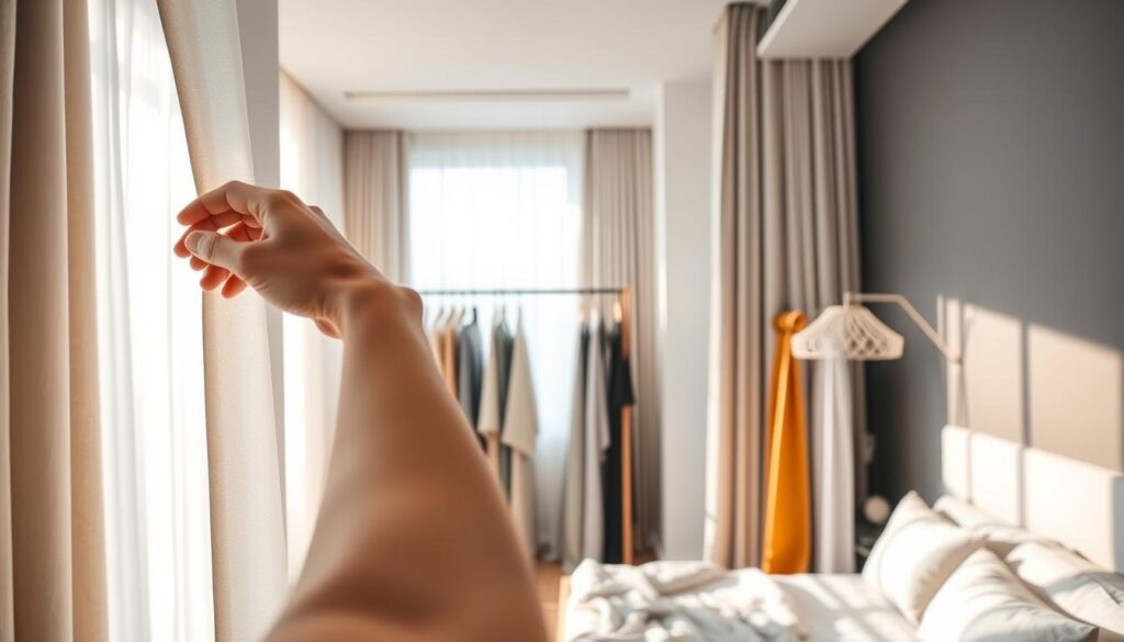 A stylish interior of a modern bedroom featuring a well-lit space with soft, natural light streaming through partially opened blackout curtains. In the foreground, showcase a hand reaching out to pull down on the curtain, demonstrating the installation process. In the middle ground, display a selection of blackout curtain fabrics and colors hanging on a stylish rack, neatly arranged. The background features a tranquil bedroom setting with minimalistic decor, a plush bed, and soothing colors that enhance relaxation. The image should have a warm and inviting atmosphere, with a focus on comfort and practicality. Use a wide-angle lens to capture the depth of the room, emphasizing the elegance and functionality of blackout curtains. A stylish interior of a modern bedroom featuring a well-lit space with soft, natural light streaming through partially opened blackout curtains. In the foreground, showcase a hand reaching out to pull down on the curtain, demonstrating the installation process. In the middle ground, display a selection of blackout curtain fabrics and colors hanging on a stylish rack, neatly arranged. The background features a tranquil bedroom setting with minimalistic decor, a plush bed, and soothing colors that enhance relaxation. The image should have a warm and inviting atmosphere, with a focus on comfort and practicality. Use a wide-angle lens to capture the depth of the room, emphasizing the elegance and functionality of blackout curtains.