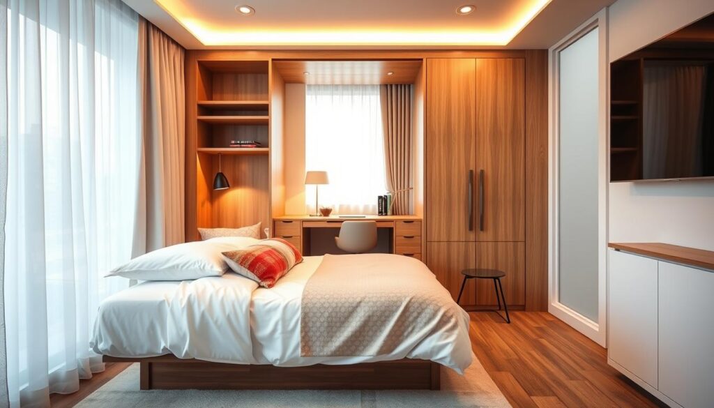 A stylish modern Murphy bed integrated into a small living space, showcasing innovative multifunctional design. In the foreground, the bed is elegantly folded down, adorned with crisp white linens and colorful accent pillows. The middle section features a sleek wooden frame that cleverly incorporates shelving and storage, creating a seamless look. The background highlights a bright, airy room with large windows allowing natural light to filter through sheer curtains, enhancing the cozy atmosphere. A minimalist desk in the corner represents a functional workspace. The image is captured from a slightly elevated angle, providing a broad perspective of the versatile layout. Soft, warm lighting casts a welcoming glow, evoking a sense of comfort and practicality in small space living. A stylish modern Murphy bed integrated into a small living space, showcasing innovative multifunctional design. In the foreground, the bed is elegantly folded down, adorned with crisp white linens and colorful accent pillows. The middle section features a sleek wooden frame that cleverly incorporates shelving and storage, creating a seamless look. The background highlights a bright, airy room with large windows allowing natural light to filter through sheer curtains, enhancing the cozy atmosphere. A minimalist desk in the corner represents a functional workspace. The image is captured from a slightly elevated angle, providing a broad perspective of the versatile layout. Soft, warm lighting casts a welcoming glow, evoking a sense of comfort and practicality in small space living.