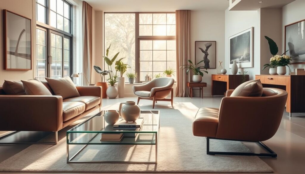A stylish, modern living room featuring high-end designer furniture. In the foreground, a sleek, minimalist sofa upholstered in rich leather, adorned with elegant throw pillows. Next to it, a chic glass coffee table showcasing artisanal decor pieces. In the middle, a sculptural armchair with a unique design, accompanied by a tasteful wooden side table. In the background, large windows allow warm natural light to flood the room, illuminating a curated collection of potted plants and art pieces on the walls. The overall color palette is soft with neutral tones, creating a serene, sophisticated atmosphere. Capture the scene with a soft focus and natural lighting to convey an inviting, upscale ambiance.
