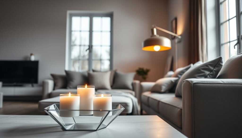 A stylish modern living room featuring sleek home accents with contemporary lighting solutions. In the foreground, a minimalist coffee table with a unique geometric design and decorative candles glowing softly. The middle section showcases a striking pendant light with a metallic finish, casting warm, inviting light over a plush sofa adorned with textured cushions. In the background, a large window allows natural light to flood the space, enhancing the sleek lines of the decor. The walls are painted in a neutral tone, complementing the overall aesthetic. The atmosphere is sophisticated and cozy, perfect for a stylish living space. The image should capture soft shadows and highlights, with a focus on clarity and elegance. The angle should be slightly elevated to encompass the lighting features and create depth in the composition.