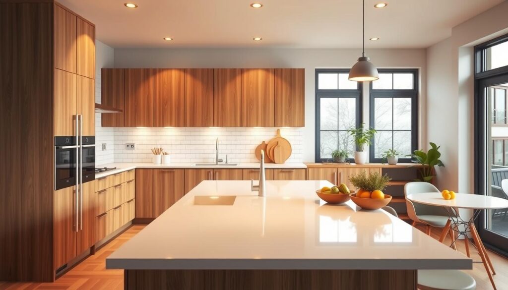 A stylish, modern modular kitchen, designed with a focus on budget-friendly elements. In the foreground, a sleek kitchen island features a polished countertop and minimalist bar stools. The middle section showcases modular cabinetry in a warm wood finish, paired with white subway tiles for the backsplash, creating a fresh and inviting look. In the background, large windows let in soft, natural light, enhancing the open-space feel. The lighting is warm and inviting, emphasizing the kitchen's practicality and comfort. The atmosphere is one of warmth and inspiration, ideal for anyone considering a renovation. The scene captures a clean, organized workspace, with simple decor accents like potted herbs and colorful kitchenware, evoking a sense of creativity and modern living. A stylish, modern modular kitchen, designed with a focus on budget-friendly elements. In the foreground, a sleek kitchen island features a polished countertop and minimalist bar stools. The middle section showcases modular cabinetry in a warm wood finish, paired with white subway tiles for the backsplash, creating a fresh and inviting look. In the background, large windows let in soft, natural light, enhancing the open-space feel. The lighting is warm and inviting, emphasizing the kitchen's practicality and comfort. The atmosphere is one of warmth and inspiration, ideal for anyone considering a renovation. The scene captures a clean, organized workspace, with simple decor accents like potted herbs and colorful kitchenware, evoking a sense of creativity and modern living.