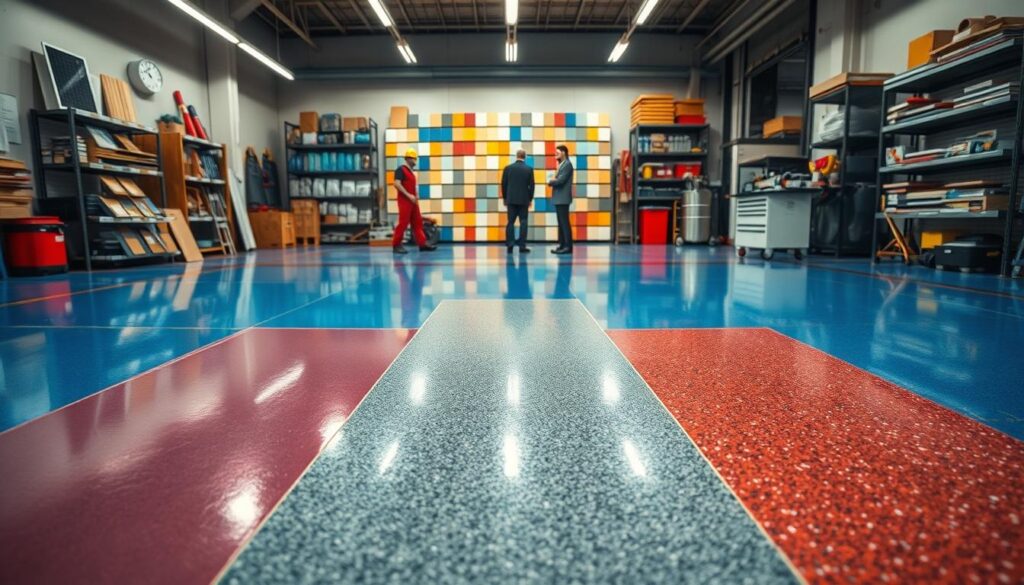 A vibrant and informative display of various epoxy floor coatings arranged in a well-lit industrial setting. In the foreground, three different types of epoxy coatings are showcased: a glossy, reflective blue surface, a matte, textured gray finish, and a vibrant, speckled red option. In the middle ground, a clear delineation between the coating finishes can be seen, with professional workers in business attire discussing their applications. The background features shelves filled with epoxy color samples and tools, under bright, even lighting that accentuates the finishes. The atmosphere is one of innovation and practicality, with a clean, organized look that conveys professionalism and quality. The image captures the essence of modern flooring solutions, inviting viewers to explore the variety of choices available.