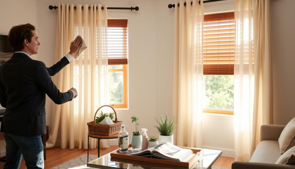 A well-lit, inviting living room showcasing a pair of elegant custom window treatments, such as sheer drapes and wooden blinds. In the foreground, a person in smart casual attire delicately dusts the fabric of the drapes with a soft cloth, while a small basket of cleaning tools and fabric care products sits nearby. The middle ground features a stylish coffee table adorned with potted plants and a book on home decor, complementing the elegant window treatments. In the background, sunlight streams in through the windows, creating soft, warm light that enhances the textures and colors of the fabric. The atmosphere is serene and organized, evoking a sense of care and maintenance, perfect for a home enhancement theme. A well-lit, inviting living room showcasing a pair of elegant custom window treatments, such as sheer drapes and wooden blinds. In the foreground, a person in smart casual attire delicately dusts the fabric of the drapes with a soft cloth, while a small basket of cleaning tools and fabric care products sits nearby. The middle ground features a stylish coffee table adorned with potted plants and a book on home decor, complementing the elegant window treatments. In the background, sunlight streams in through the windows, creating soft, warm light that enhances the textures and colors of the fabric. The atmosphere is serene and organized, evoking a sense of care and maintenance, perfect for a home enhancement theme.