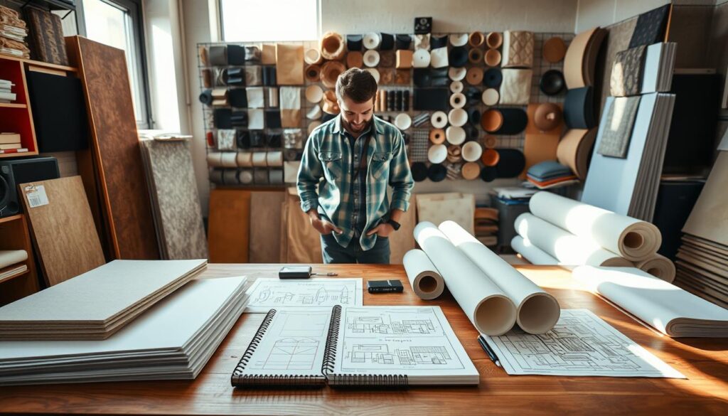 A well-organized workspace featuring an array of soundproofing materials and noise control products. In the foreground, a detailed display of acoustic panels, soundproof foam, and mass loaded vinyl rolls is spread across a large wooden table. The middle section showcases a few notebooks and blueprints with sketches of room designs, emphasizing meticulous planning. In the background, a wall adorned with a variety of soundproofing samples, including fabric swatches and insulation materials, adds depth. Natural light pours in through a nearby window, casting soft shadows and creating a calm, focused atmosphere. The scene conveys a sense of professionalism and creativity, ideal for illustrating the soundproofing process. Include a person in modest casual clothing, deeply engaged in planning. A well-organized workspace featuring an array of soundproofing materials and noise control products. In the foreground, a detailed display of acoustic panels, soundproof foam, and mass loaded vinyl rolls is spread across a large wooden table. The middle section showcases a few notebooks and blueprints with sketches of room designs, emphasizing meticulous planning. In the background, a wall adorned with a variety of soundproofing samples, including fabric swatches and insulation materials, adds depth. Natural light pours in through a nearby window, casting soft shadows and creating a calm, focused atmosphere. The scene conveys a sense of professionalism and creativity, ideal for illustrating the soundproofing process. Include a person in modest casual clothing, deeply engaged in planning.