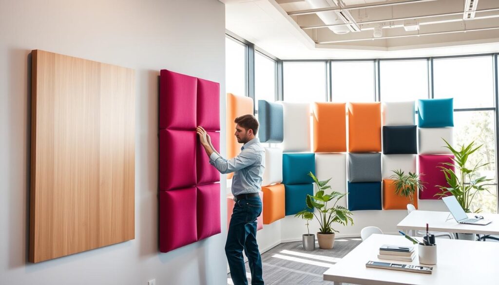 Acoustic wall panels installed in a modern office space, showcasing various installation options. In the foreground, a sleek wooden panel is mounted on a light grey wall beside a cluster of soft, fabric-covered acoustic squares in different colors. In the middle, a professional installer, dressed in smart casual attire, is measuring and aligning an acoustic panel, with a professional-grade level and tools neatly arranged nearby. The background features large windows allowing natural light to flood the room, giving a warm and inviting atmosphere. The lighting is soft yet bright, enhancing the vibrant colors of the panels. A minimalist desk and potted plants add to the stylish, tranquil ambiance, inviting focus on sound quality improvement and design aesthetics. Acoustic wall panels installed in a modern office space, showcasing various installation options. In the foreground, a sleek wooden panel is mounted on a light grey wall beside a cluster of soft, fabric-covered acoustic squares in different colors. In the middle, a professional installer, dressed in smart casual attire, is measuring and aligning an acoustic panel, with a professional-grade level and tools neatly arranged nearby. The background features large windows allowing natural light to flood the room, giving a warm and inviting atmosphere. The lighting is soft yet bright, enhancing the vibrant colors of the panels. A minimalist desk and potted plants add to the stylish, tranquil ambiance, inviting focus on sound quality improvement and design aesthetics.