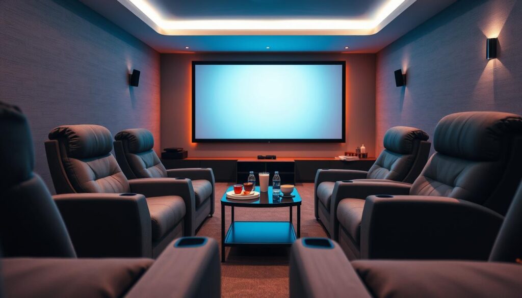 Affordable home theater seating arranged in a cozy, compact space. In the foreground, showcase sleek, modern recliners in a versatile gray fabric, emphasizing their comfortable design and practicality. In the middle, include a low-profile coffee table adorned with a few snacks and drinks, highlighting a homey atmosphere. The background features a vibrant, large screen with soft LED lighting creating a warm ambiance, inviting viewers to enjoy movie nights. Use a soft, diffused lighting to enhance the inviting mood, combined with a slight depth of field to keep focus on the seating arrangement. The angle should be a slightly elevated perspective, capturing both seating and screen effectively, conveying a sense of well-planned space maximizing comfort without clutter. Affordable home theater seating arranged in a cozy, compact space. In the foreground, showcase sleek, modern recliners in a versatile gray fabric, emphasizing their comfortable design and practicality. In the middle, include a low-profile coffee table adorned with a few snacks and drinks, highlighting a homey atmosphere. The background features a vibrant, large screen with soft LED lighting creating a warm ambiance, inviting viewers to enjoy movie nights. Use a soft, diffused lighting to enhance the inviting mood, combined with a slight depth of field to keep focus on the seating arrangement. The angle should be a slightly elevated perspective, capturing both seating and screen effectively, conveying a sense of well-planned space maximizing comfort without clutter.