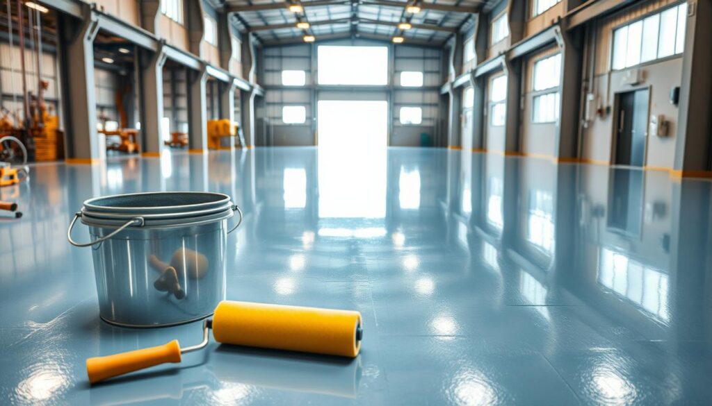 An industrial space showcasing a freshly applied epoxy floor coating, emphasizing its glossy finish and vibrant color options. In the foreground, there are tools used for the application, such as a paint roller and mixing bucket. The mid-ground features a smooth, completed epoxy floor that reflects the overhead lights, demonstrating its durability and aesthetic appeal. The background includes a warehouse setting with high ceilings, ambient daylight streaming through large windows, casting natural light over the scene. The overall atmosphere conveys professionalism and cleanliness, underscoring the cost-effective benefits of epoxy flooring. The lighting is bright and even, enhancing the colors and textures without harsh shadows.