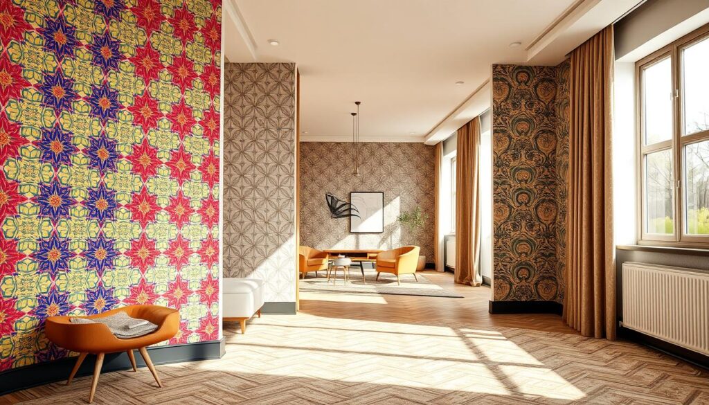 Creative wallpaper patterns showcasing an elegant juxtaposition of accent walls and full room coverage. In the foreground, an accent wall featuring a bold geometric design with vibrant colors and intricate patterns captures attention, while the middle ground displays a harmonious arrangement of softer, complementary wallpaper styles that seamlessly blend throughout the room. The background reveals an inviting interior space with natural light streaming through large windows, casting gentle shadows and highlighting the textures of the wallpapers. The overall atmosphere is sophisticated yet cozy, emphasizing the transformative power of wallpaper in interior design. Capture the scene from a slightly elevated angle, focusing on the interplay of patterns and color, creating a sense of depth and visual interest. Creative wallpaper patterns showcasing an elegant juxtaposition of accent walls and full room coverage. In the foreground, an accent wall featuring a bold geometric design with vibrant colors and intricate patterns captures attention, while the middle ground displays a harmonious arrangement of softer, complementary wallpaper styles that seamlessly blend throughout the room. The background reveals an inviting interior space with natural light streaming through large windows, casting gentle shadows and highlighting the textures of the wallpapers. The overall atmosphere is sophisticated yet cozy, emphasizing the transformative power of wallpaper in interior design. Capture the scene from a slightly elevated angle, focusing on the interplay of patterns and color, creating a sense of depth and visual interest.