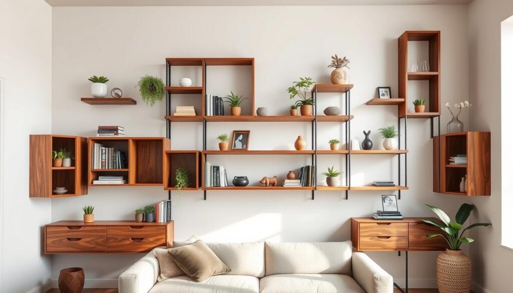Custom wall shelves elegantly designed and arranged in a modern living room setting. In the foreground, showcase various crafted wooden shelves with distinct shapes and sizes, adorned with decorative plants, books, and stylish accessories. The middle ground includes a cozy reading nook with a plush chair beneath the shelves, inviting relaxation and warmth. In the background, soft, natural light filters through a large window, illuminating the room and creating a serene atmosphere. Use a wide-angle lens to capture the full extent of the shelving unit against pale, neutral wall colors. The mood should be one of inspiring calmness and organization, highlighting the beauty and functionality of custom-built storage solutions. Custom wall shelves elegantly designed and arranged in a modern living room setting. In the foreground, showcase various crafted wooden shelves with distinct shapes and sizes, adorned with decorative plants, books, and stylish accessories. The middle ground includes a cozy reading nook with a plush chair beneath the shelves, inviting relaxation and warmth. In the background, soft, natural light filters through a large window, illuminating the room and creating a serene atmosphere. Use a wide-angle lens to capture the full extent of the shelving unit against pale, neutral wall colors. The mood should be one of inspiring calmness and organization, highlighting the beauty and functionality of custom-built storage solutions.