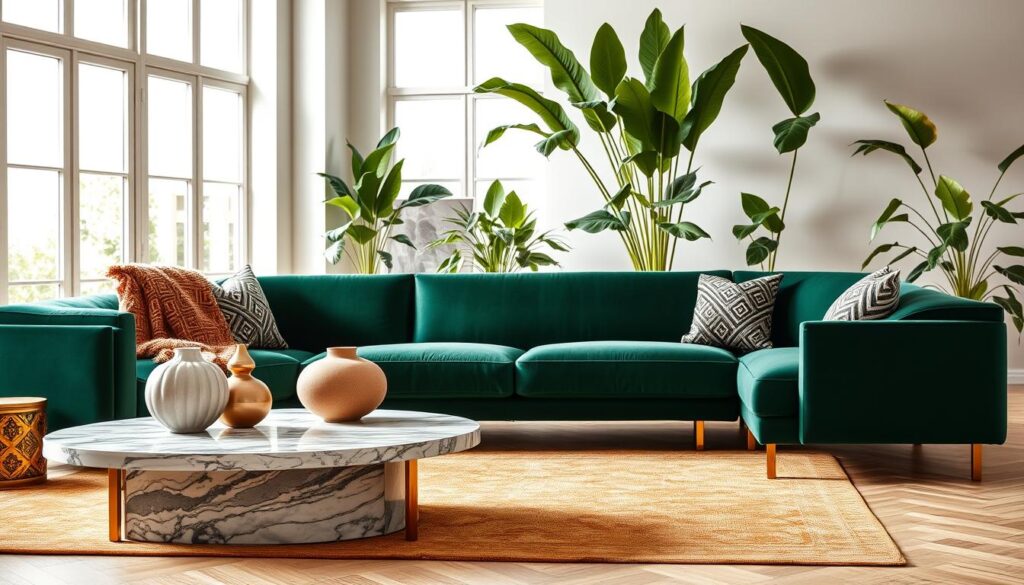 Luxurious designer furniture showcased in a modern living room setting, featuring a plush velvet sectional sofa in a rich emerald green, accented with gold and brass decor. In the foreground, a stylish marble coffee table adorned with a sleek ceramic vase and a textured throw blanket. The middle layer highlights a contemporary armchair with an intricate pattern, paired with a tasteful area rug emphasizing geometric shapes and warm tones. Beyond, large windows let in soft, natural light, creating a warm and inviting atmosphere. The background displays lush indoor plants, adding a vibrant touch of color and life to the space. The overall mood is elegant and sophisticated, capturing the essence of high-end living while focusing on the rich interplay of color and texture.