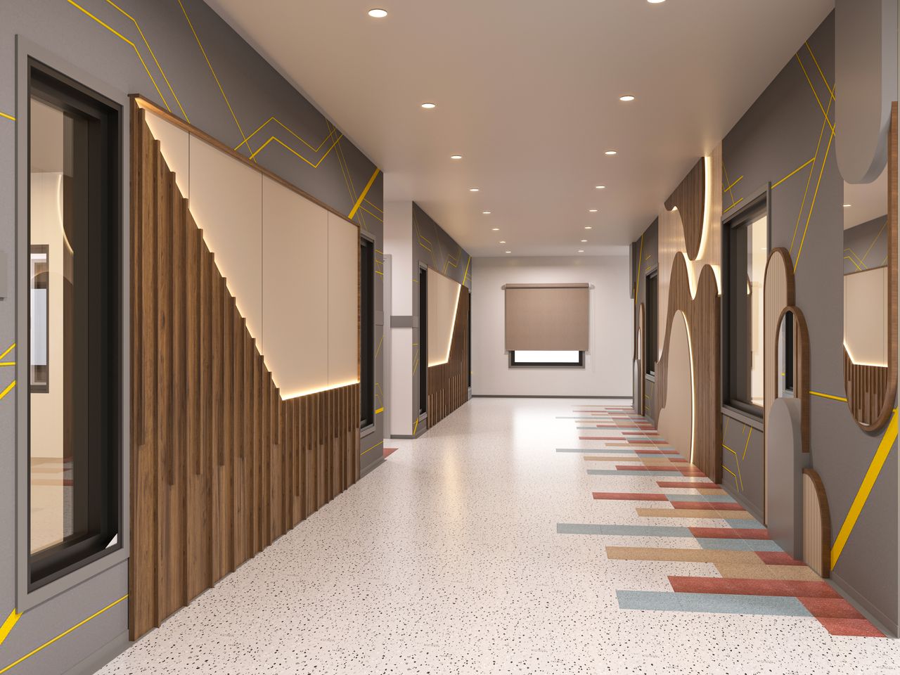 home-hero-bg Sleek indoor corridor featuring contemporary geometric wall patterns and vibrant flooring.